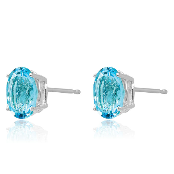 14K Solid White Gold Oval Swiss Blue Topaz Studs Gemstone Solitaire Earrings December Birthstone Jewelry