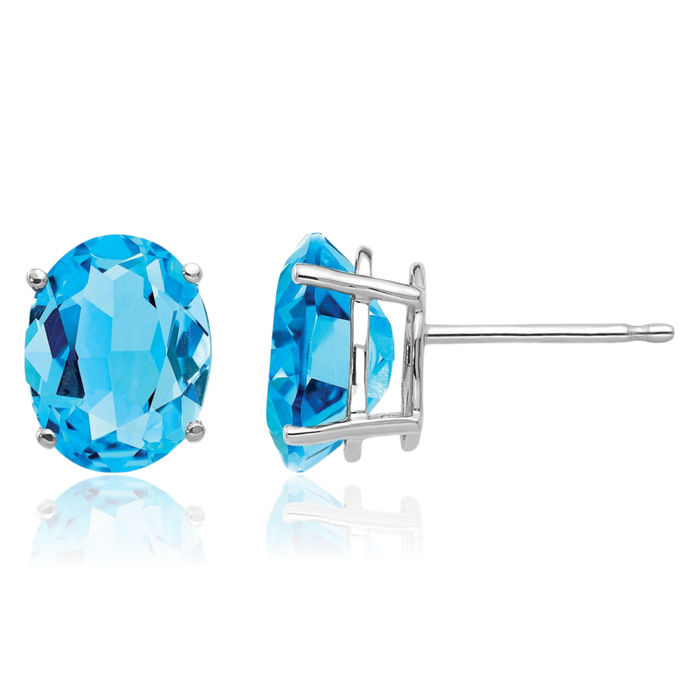 14K Solid White Gold Oval Swiss Blue Topaz Studs Gemstone Solitaire Earrings December Birthstone Jewelry