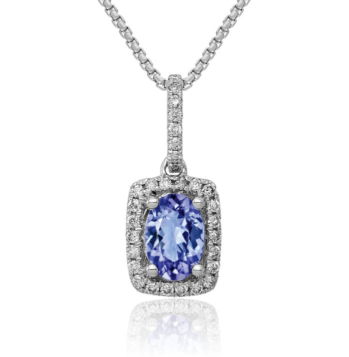 14K Solid White Gold Oval Blue Tanzanite Diamond Necklace Gemstone Pendant Charm