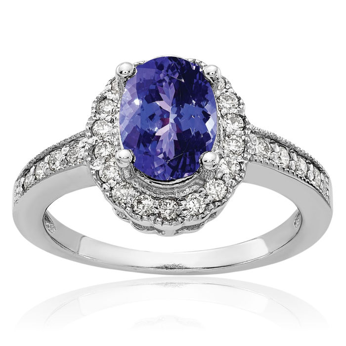 14K Solid White Gold Oval Blue Tanzanite Diamond Ring Gemstone Band