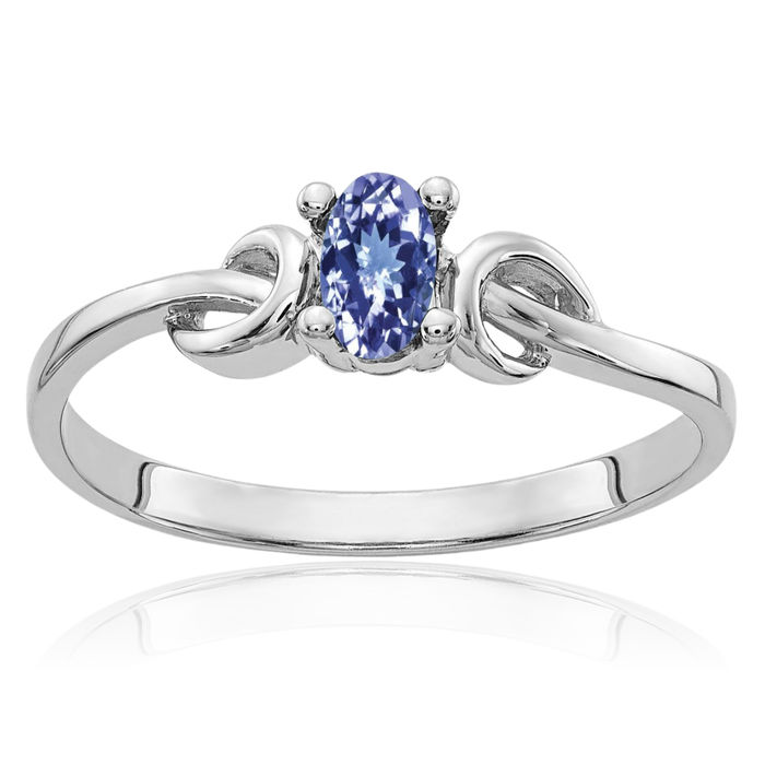 14K Solid White Gold Oval Blue Tanzanite Ring Gemstone Band