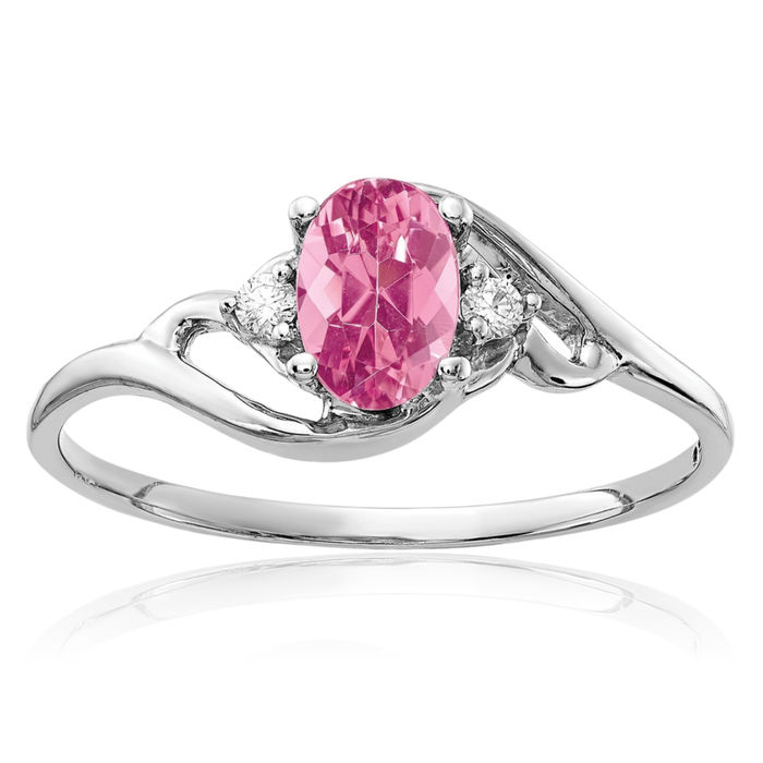14K Solid White Gold Oval Pink Tourmaline Diamond Ring Gemstone Band October Birthstone Jewelry