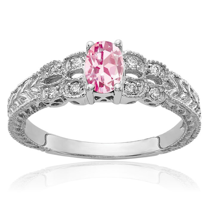 14K Solid White Gold Oval Pink Tourmaline Diamond Ring Gemstone Band October Birthstone Jewelry