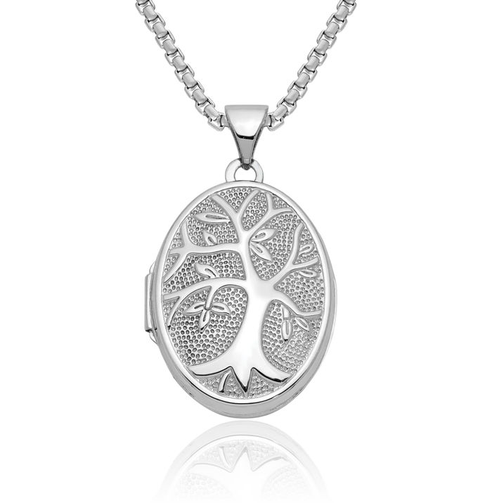 14K Solid White Gold Oval Tree of Life Personalized Photo Locket Necklace Picture Pendant Charm