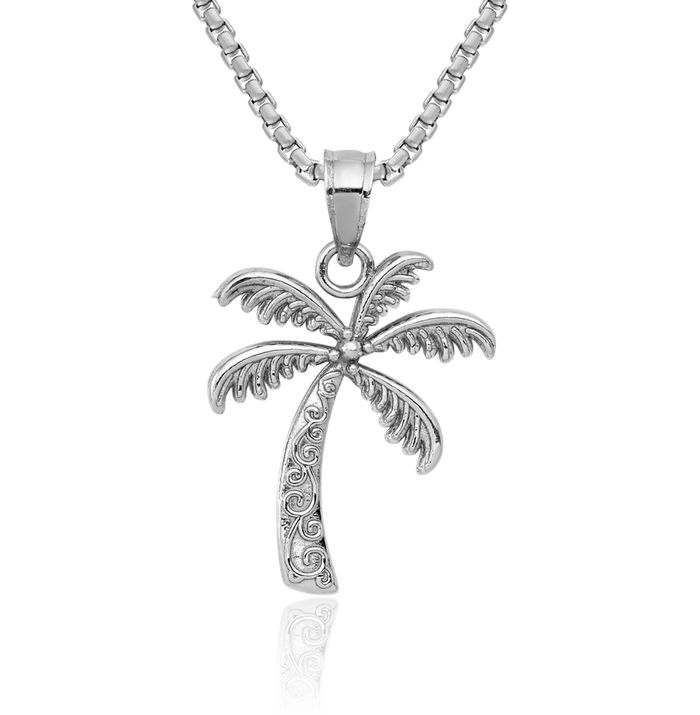 14K Solid White Gold Palm Tree Necklace Summer Beach Pendant Tropical Charm