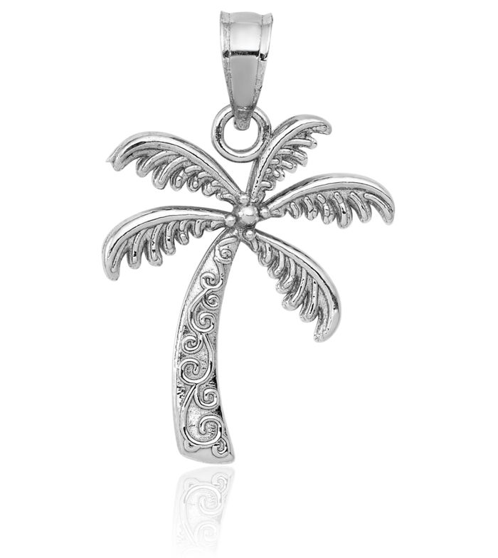 14K Solid White Gold Palm Tree Necklace Summer Beach Pendant Tropical Charm