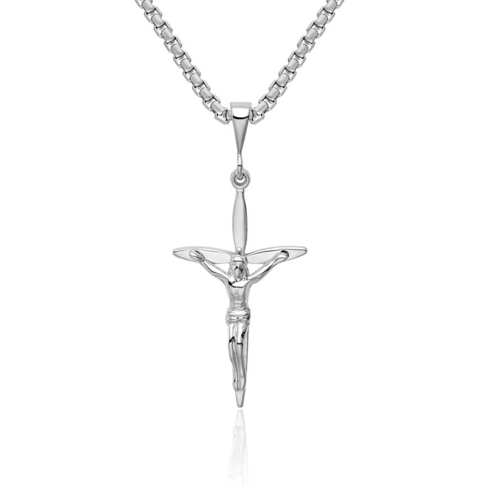 14K Solid White Gold Passion Lord Jesus Christ Crucifix Holy Cross Necklace Religious Chain Pendant Charm