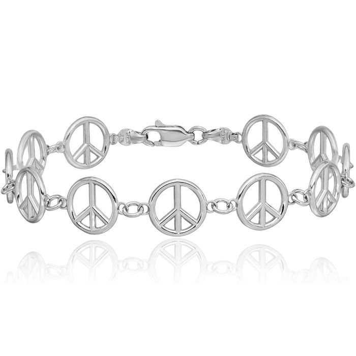 14K Solid White Gold Peace Sign Inspirational Symbol Chain Charm Bracelet