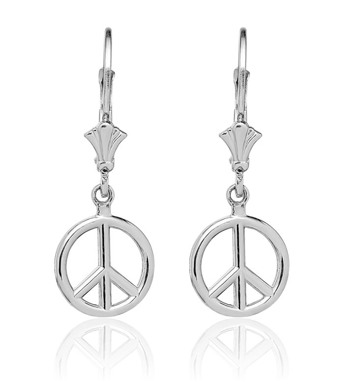 14K Solid White Gold Peace Sign Inspirational Symbol Drop Dangle Earrings