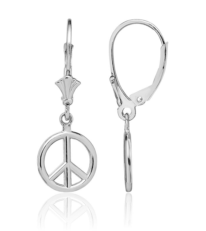 14K Solid White Gold Peace Sign Inspirational Symbol Drop Dangle Earrings