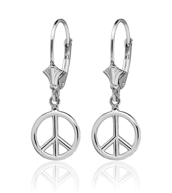 14K Solid White Gold Peace Sign Inspirational Symbol Drop Dangle Earrings