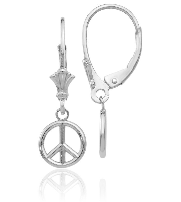 14K Solid White Gold Peace Sign Inspirational Symbol Drop Dangle Earrings