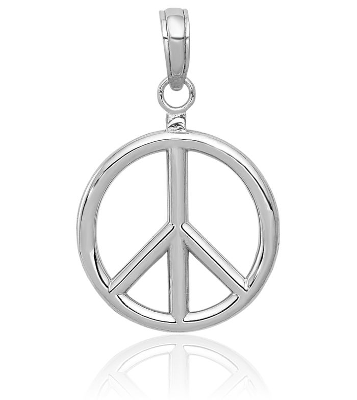 14K Solid White Gold Peace Sign Inspirational Symbol Necklace Chain Pendant Charm