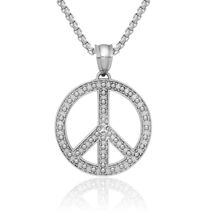 14K Solid White Gold Peace Sign Inspirational Symbol Necklace Chain Pendant Charm