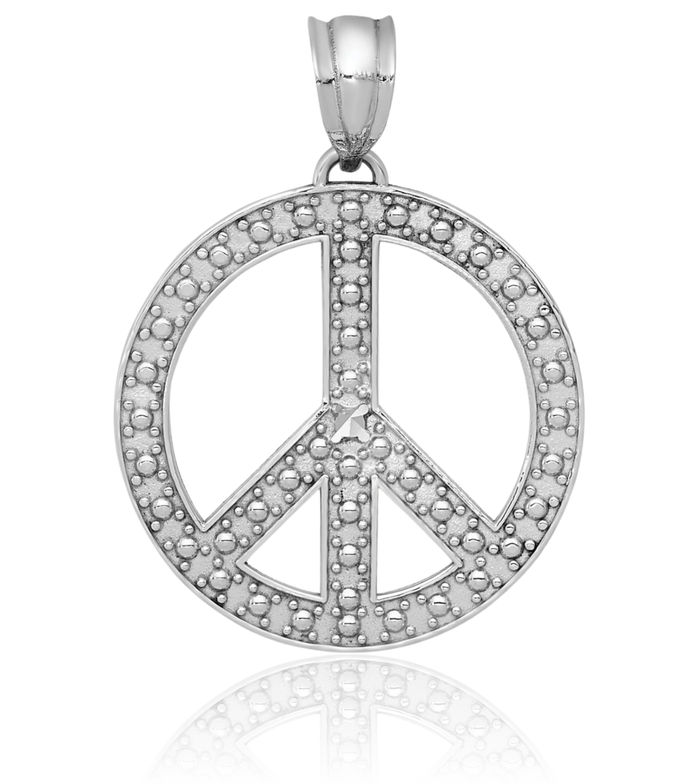 14K Solid White Gold Peace Sign Inspirational Symbol Necklace Chain Pendant Charm