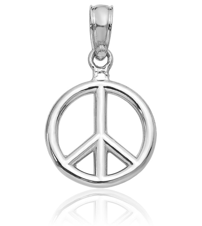 14K Solid White Gold Peace Sign Inspirational Symbol Necklace Chain Pendant Charm