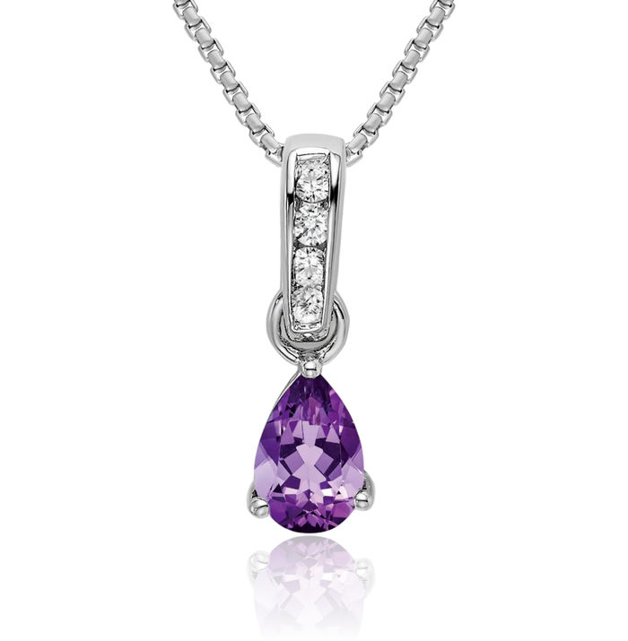 14K Solid White Gold Pear Purple Amethyst Diamond Necklace Gemstone Pendant Charm February Birthstone Jewelry