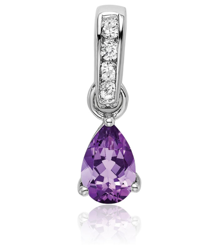 14K Solid White Gold Pear Purple Amethyst Diamond Necklace Gemstone Pendant Charm February Birthstone Jewelry