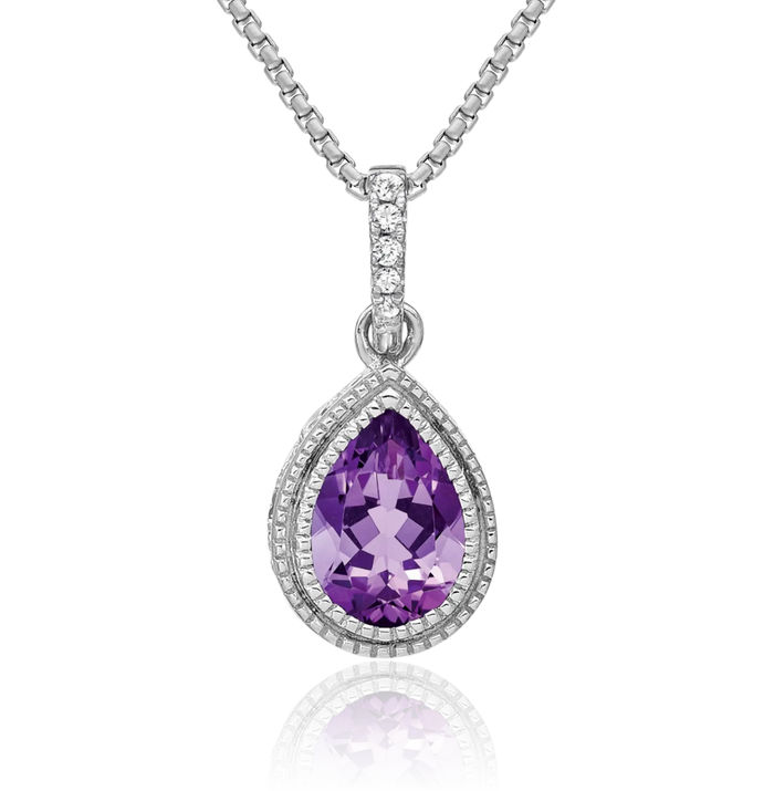 14K Solid White Gold Pear Purple Amethyst Diamond Necklace Charm Gemstone Pendant