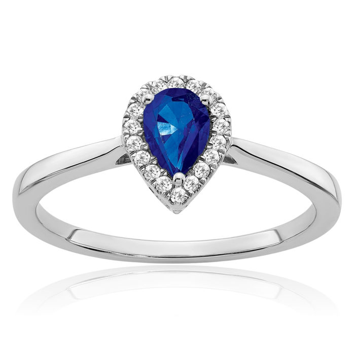 14K Solid White Gold Pear Blue Sapphire Diamond Halo Round Ring Gemstone Band September Birthstone Jewelry