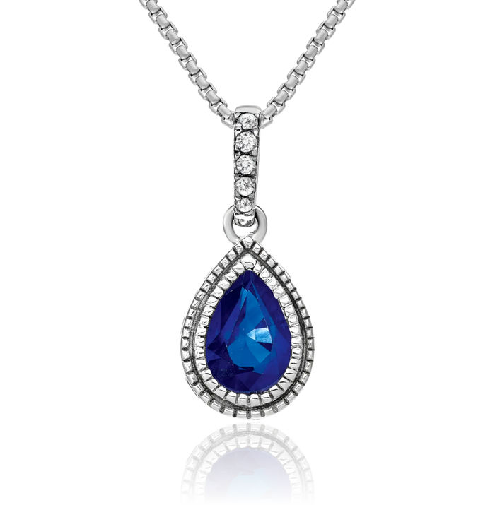 14K Solid White Gold Pear Blue Sapphire Diamond Necklace Charm Gemstone Pendant