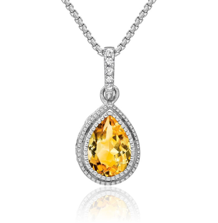 14K Solid White Gold Pear Yellow Orange Citrine Diamond Necklace Charm Gemstone Pendant