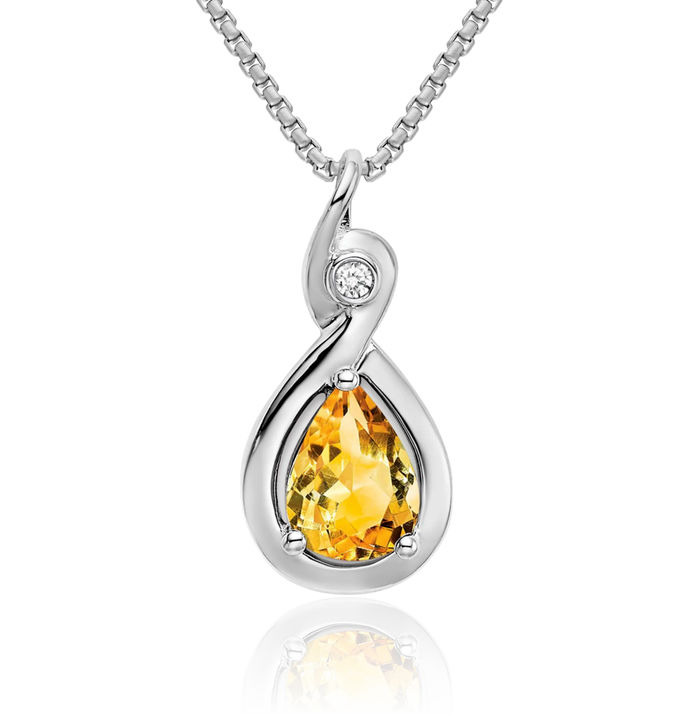 14K Solid White Gold Pear Yellow Orange Citrine Diamond Necklace Charm Gemstone Pendant