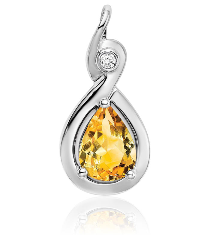 14K Solid White Gold Pear Yellow Orange Citrine Diamond Necklace Charm Gemstone Pendant