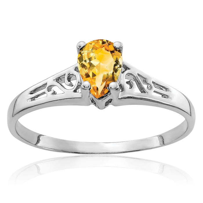 14K Solid White Gold Pear Yellow Orange Citrine Solitaire Ring Gemstone Band November Birthstone Jewelry