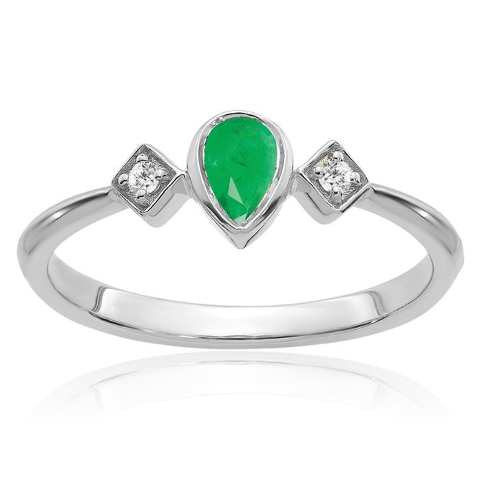 14K Solid White Gold Pear Green Emerald Diamond Ring Gemstone Band May Birthstone Jewelry