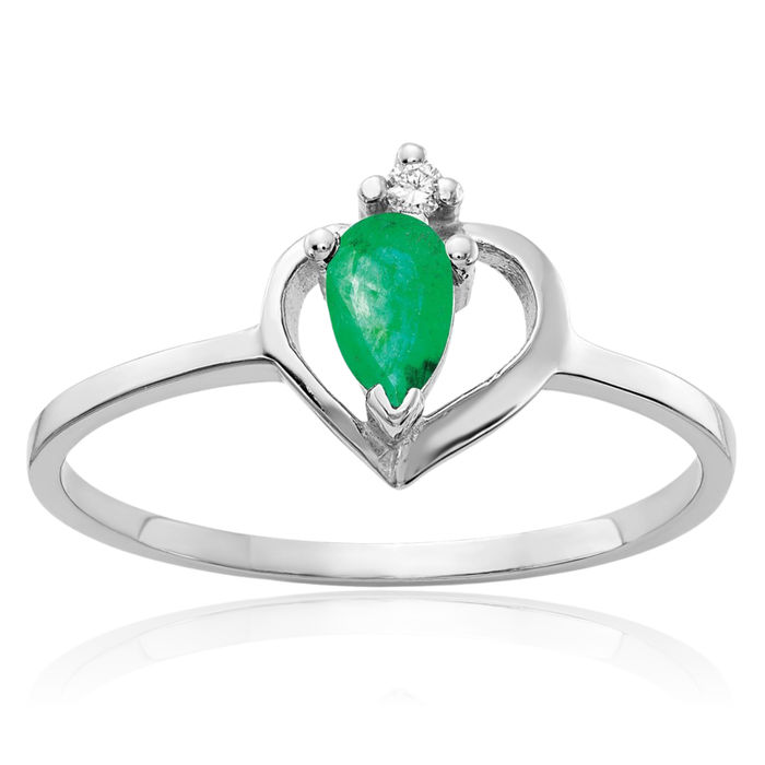 14K Solid White Gold Pear Green Emerald Diamond Ring Gemstone Band May Birthstone Jewelry