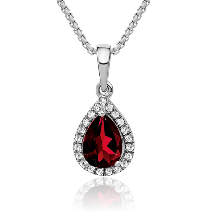 14K Solid White Gold Pear Red Garnet Diamond Halo Round Necklace Charm Gemstone Pendant