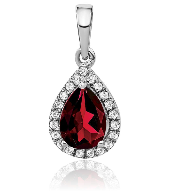 14K Solid White Gold Pear Red Garnet Diamond Halo Round Necklace Charm Gemstone Pendant