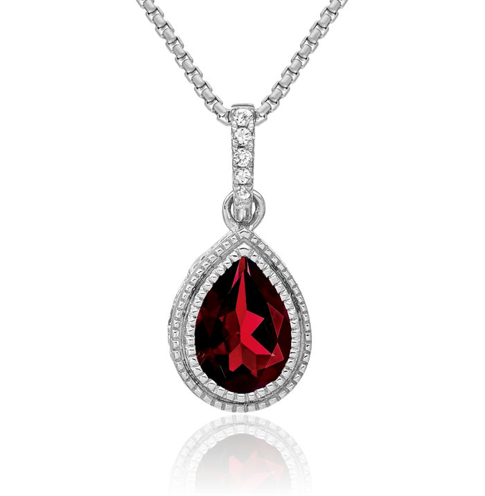 14K Solid White Gold Pear Red Garnet Diamond Necklace Charm Gemstone Pendant