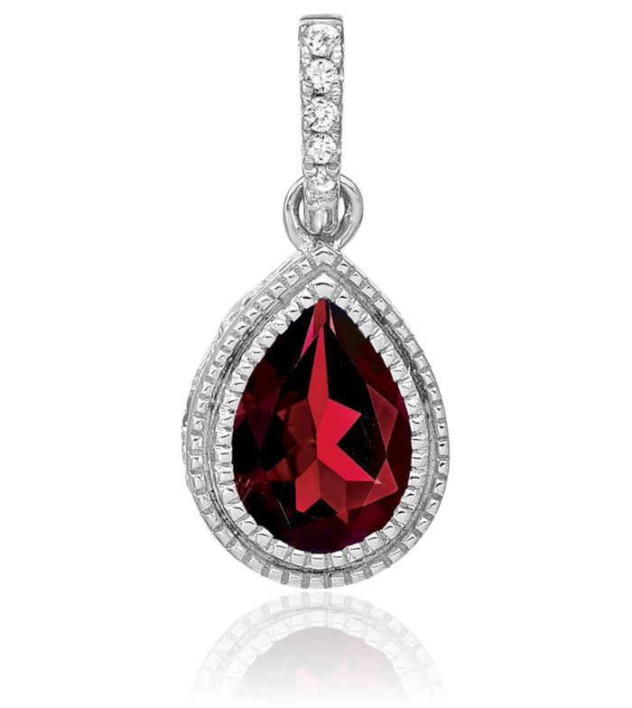 14K Solid White Gold Pear Red Garnet Diamond Necklace Charm Gemstone Pendant