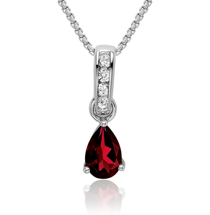 14K Solid White Gold Pear Red Garnet Diamond Necklace Gemstone Pendant Charm April January Birthstone Jewelry