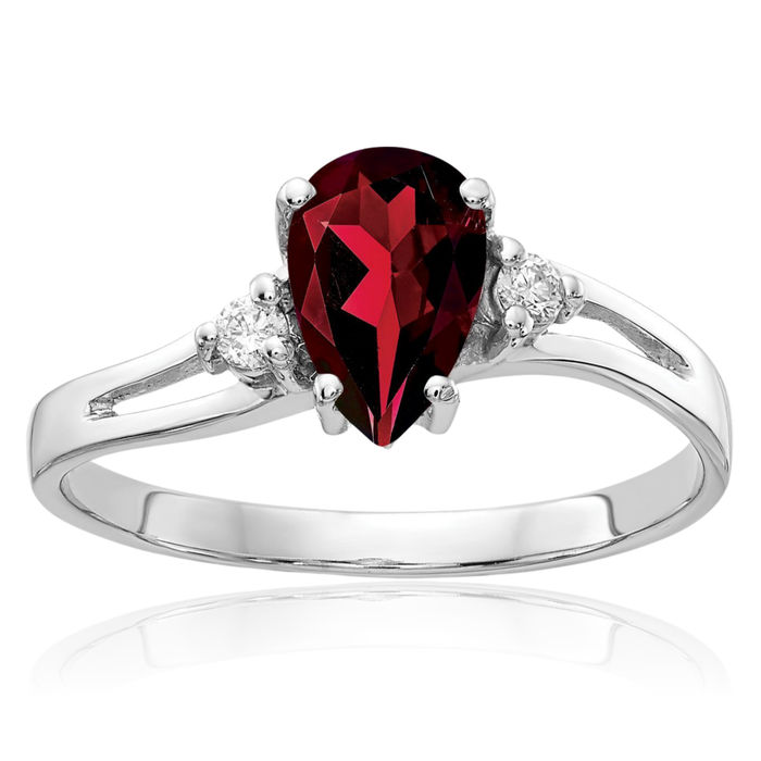 14K Solid White Gold Pear Red Garnet Diamond Ring Gemstone Band January Birthstone Jewelry