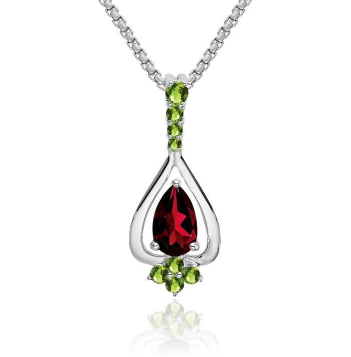 14K Solid White Gold Pear Red Garnet Green Peridot Necklace Charm Gemstone Pendant