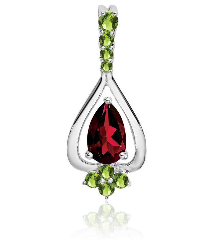 14K Solid White Gold Pear Red Garnet Green Peridot Necklace Charm Gemstone Pendant