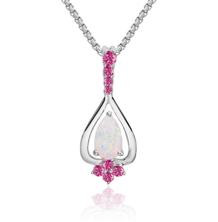 14K Solid White Gold Pear Lab Opal Pink Sapphire Necklace Charm Gemstone Pendant