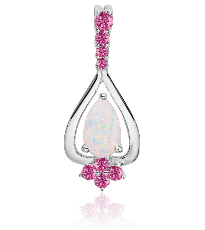 14K Solid White Gold Pear Lab Opal Pink Sapphire Necklace Charm Gemstone Pendant