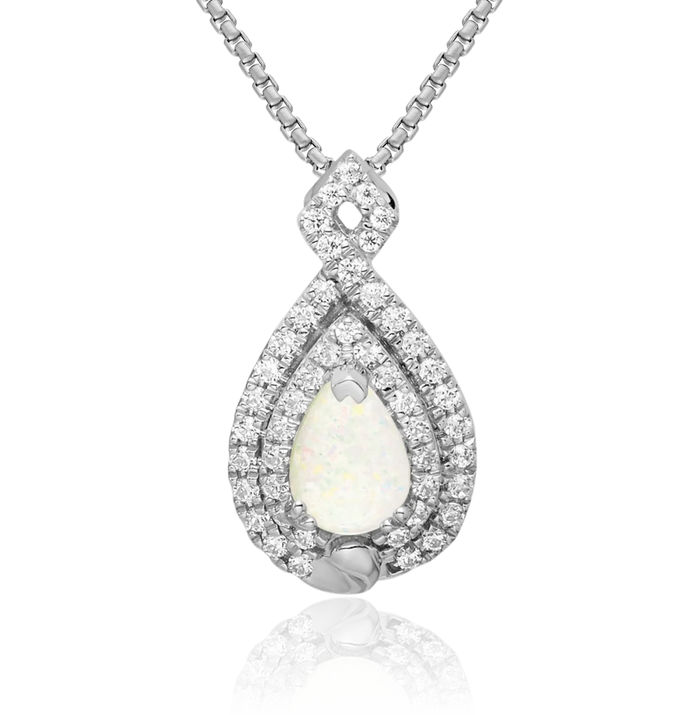 14K Solid White Gold Pear Opal Diamond Floating Chain Slide Gemstone Pendant Necklace Charm