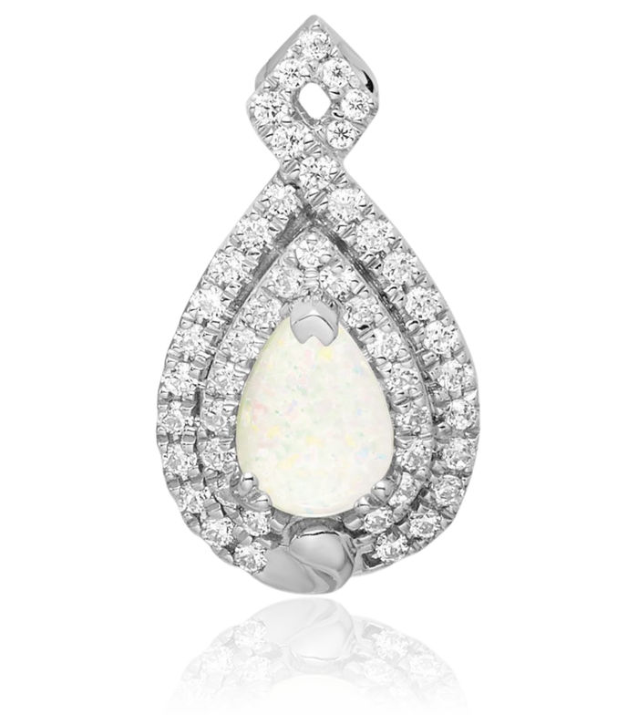 14K Solid White Gold Pear Opal Diamond Floating Chain Slide Gemstone Pendant Necklace Charm