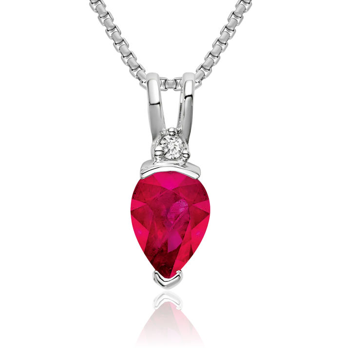 14K Solid White Gold Pear Red Ruby Diamond Necklace Charm Gemstone Pendant