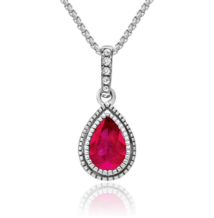 14K Solid White Gold Pear Red Ruby Diamond Necklace Charm Gemstone Pendant