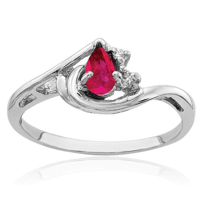 14K Solid White Gold Pear Red Ruby Diamond Ring Gemstone Band July Birthstone Jewelry