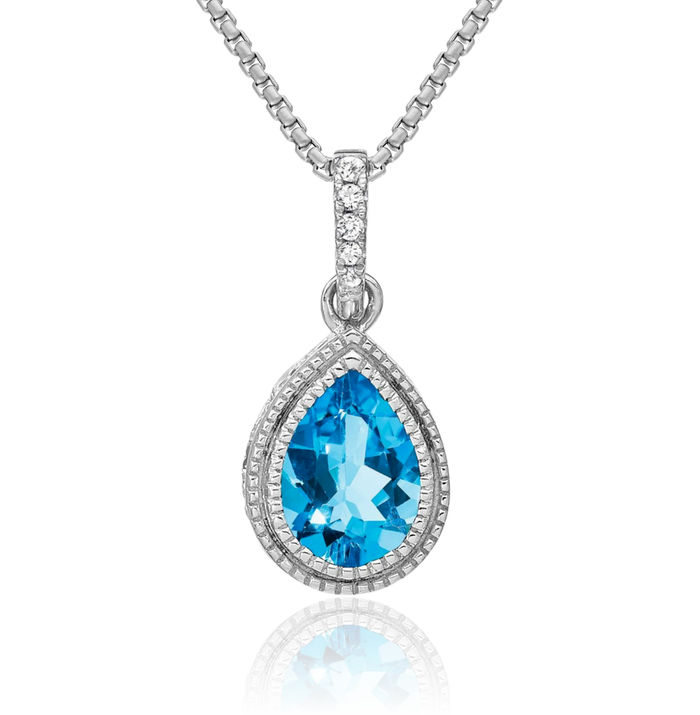 14K Solid White Gold Pear Swiss Blue Topaz Diamond Necklace Charm Gemstone Pendant