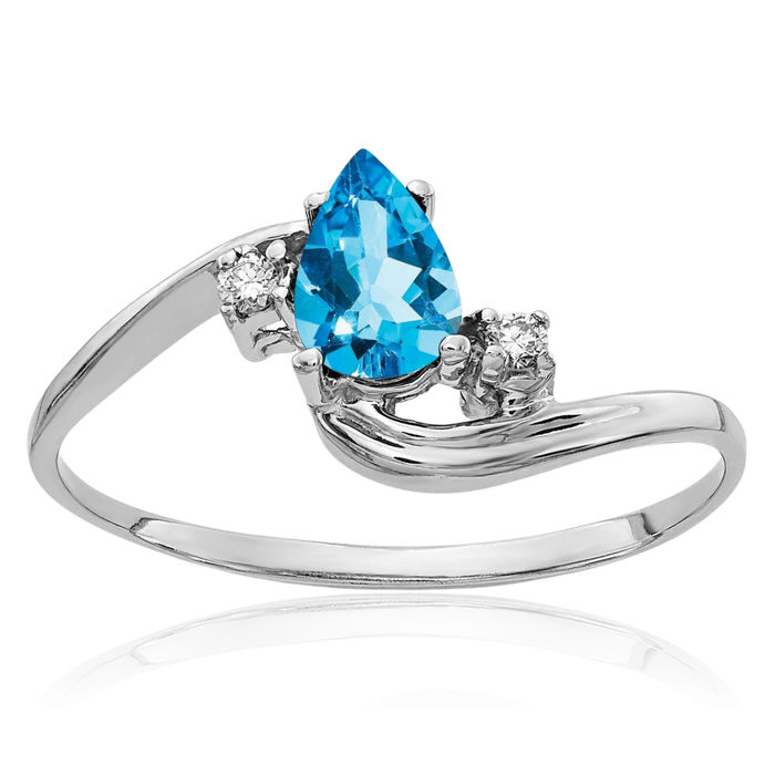 14K Solid White Gold Pear Swiss Blue Topaz Diamond Ring Gemstone Band December Birthstone Jewelry
