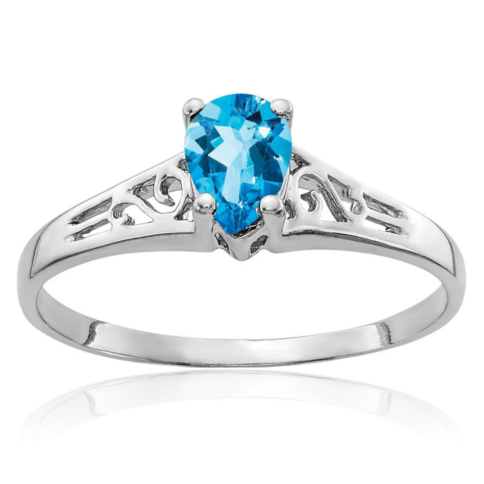 14K Solid White Gold Pear Swiss Blue Topaz Solitaire Ring Gemstone Band December Birthstone Jewelry