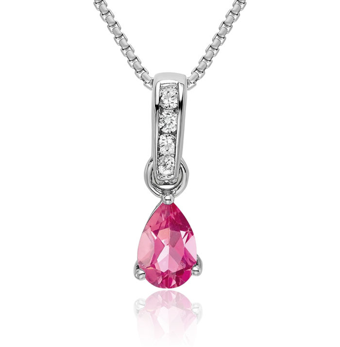 14K Solid White Gold Pear Pink Tourmaline Diamond Necklace Gemstone Pendant Charm April October Birthstone Jewelry